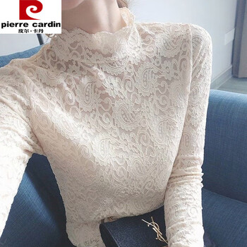Pierre cardin lace bottoming shirt women's spring and autumn new 2025 beautiful small shirt european style western style lined velvet mesh top apricot l