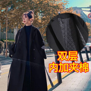 Rgpx2025 new winter wool coat for women thickened double-sided velvet high-end mid-length woolen coat windbreaker black double layer cotton thickened xl recommended 130-150 pounds
