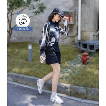 Demana new interpretation of stripes 100% cotton fresh contrast color striped polo collar versatile women's t-shirt navy l
