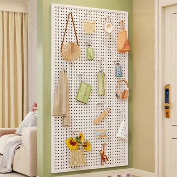 Wooden grid hardware tool hanging board hook square hole board wall storage tool rack hanging board hole board tool shelf material rack warm white with frame 100*100 free hook