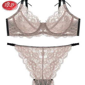 Langsha sexy lingerie women's ultra-thin transparent lace pure desire transparent big breast revealing small anti-sagging bra set coffee 80a