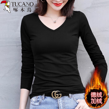 Woodpecker bottoming shirt for women, spring and autumn new style tight long-sleeved t-shirt, versatile low-neck top, black v-ridge plus velvet xl 106-120 catties