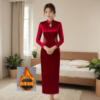 Hongyun embroidered cheongsam spring and autumn fashionable slimming red cheongsam summer new happy mother high-end wedding dress toasting dress for women long velvet thickened single layer length about 127cm xl