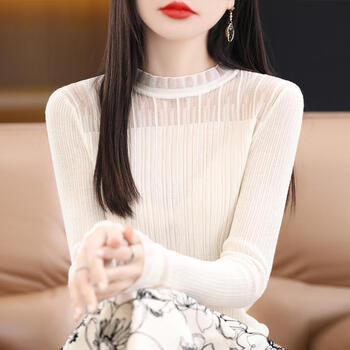 Yimanfu autumn and winter new style bottoming shirt for women, stylish and age-reducing, pleated mesh splicing round neck sweater for women, lace top, white, one size fits all - recommended 90-140 pounds