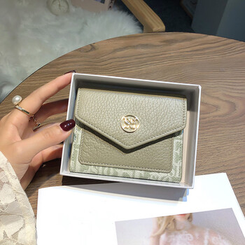 Calculat&keenck wallet women's 2024 new short genuine leather compact card holder integrated coin clip women's folding simple women's wallet green