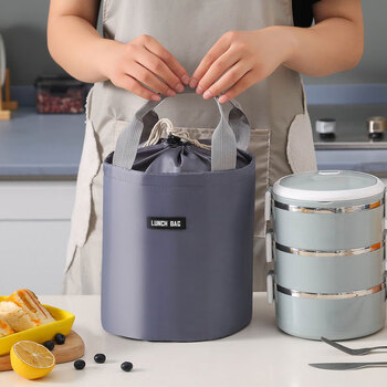 Yupinjia lunch box bag insulation bag lunch bag handbag round waterproof lunch box bag student office worker lunch box bag gray