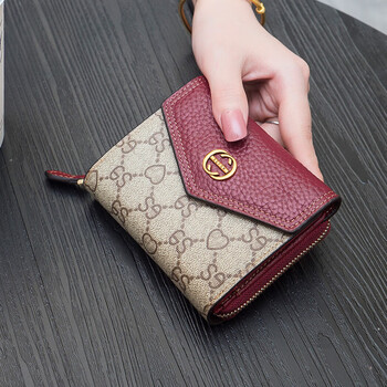 Calculat&keenck short wallet women's 2025 new fashion european and american presbyopic short coin purse wallet women's bag apricot with maroon
