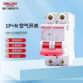 Delixi electric dz47s air switch dpn miniature circuit breaker 1p+n type c 10a double in and double out overload 1p+n 25a
