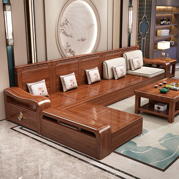 Mai yayue sofa walnut solid wood sofa new chinese style living room size winter and summer corner storage furniture four seats + imperial concubine + coffee table 8 sets ordinary sponge cushions