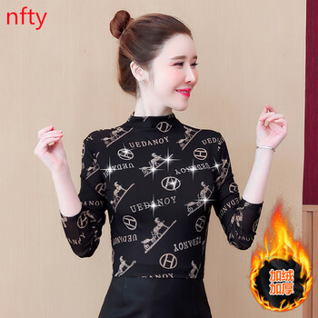 Nfty light mature style workplace age-reducing half turtleneck bottoming shirt autumn and winter printed mesh plus velvet thickening spring and autumn fashionable style black plus velvet thickening m (95-105 pounds)