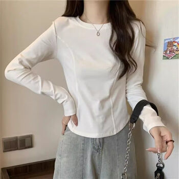 Lekali long-sleeved bottoming shirt t-shirt for women, spring, autumn and winter, round neck, white front shoulder, slim fit, versatile curved thin shirt, long-sleeved bottoming shirt, white, 80-110 pounds