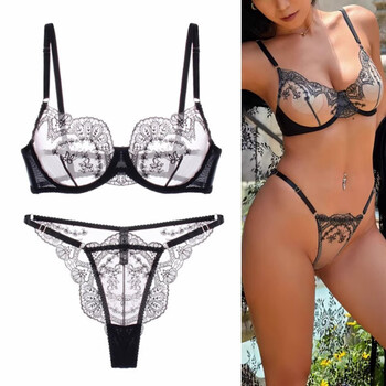 Victoria palace sexy bra thin ultra-thin embroidered lace underwear women's nightclub big breast showing small large size bra set black m <suitable for 75a.75b.75c>