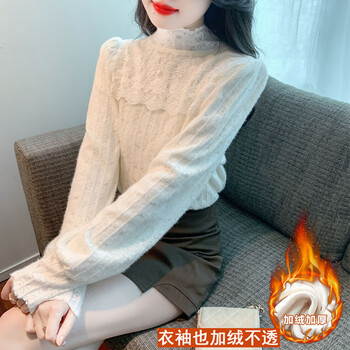 Ye zifeng (yezifeng) velvet thickened bottoming shirt for women, autumn and winter new half turtleneck lace shirt design with long-sleeved inner shirt, apricot velvet s