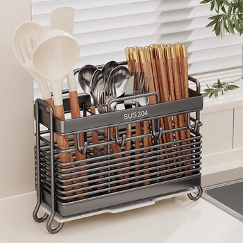 Mu quality 304 stainless steel chopstick barrel household chopstick storage box chopstick cage wall-mounted kitchen spoon storage rack gun gray 3 compartments k-18 table + with 4 hooks