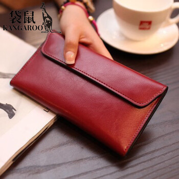 Kangaroo (kangaroo) genuine leather women's wallet long large capacity new commuter bag high quality daily versatile hand bag burgundy