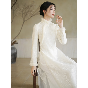 Chuchan yishi new chinese style ao dai cheongsam for women autumn and winter new white lace mesh knitted temperament national style dress white (length 125) m (ready in stock)