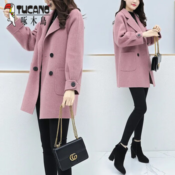 Woodpecker middle-aged mother's clothing spring and autumn outerwear woolen coat women's large size slim medium long style small fashionable coat pink dragon and phoenix m recommended within 100 pounds