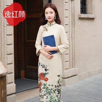 E.beauty nianchu 2025 autumn new arrival knitted positioning printed handmade copper wire disc button cheongsam for women champagne m