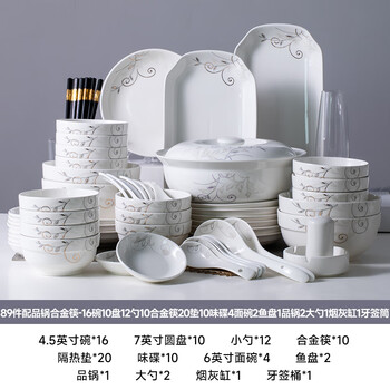 Jingdezhen (jdz) household dishes new 10-person combination creative large set ceramic tableware rice bowl noodle bowl plate soup bowl microwaveable jinzhi 89-piece accessory pot with gold chopsticks