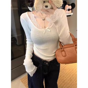 Yu zhaolin knitted bottoming shirt for women spring, autumn and winter new style lace splicing inner slim sweater top