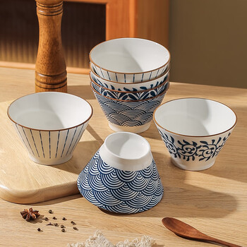 Kawashimaya japanese rice bowl household 2024 new ceramic high-foot noodle bowl eating bowl tableware retro bamboo hat bowl 5-inch bamboo hat bowl (mixed color 4 pieces)