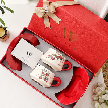 Wooch peace and joy wedding gift coffee pair of cups and saucers gift box high-end exquisite luxury new home move-in gift for new year peace and joy pair of cups-peace + joy + red gift box
