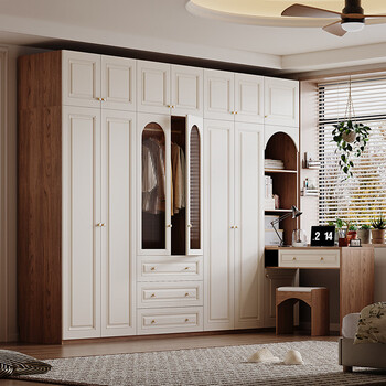 Decoration style french medieval style wardrobe desk integrated master bedroom home retro finished product combination storage storage wardrobe cabinet 2.4m six-door wardrobe + telescopic desk