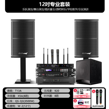 Qisheng family ktv audio set karaoke professional stage speakers front and rear amplifier effector mixer karaoke bass conference room 12-inch speaker + pre-amp + post-amp + sequencer + dual microphones + 12-inch cannon