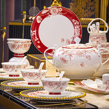 Guanpu national subsidy wedding gift housewarming underglaze color red bone china tableware set high-end dishware set for home use