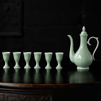 Yuansu fatehouse retro longquan celadon ceramic wine set half-pound wine jug wine divider white wine glass goblet six cups custom logo retro wine jug + six goblets