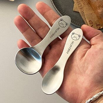 Worthbuy 304 stainless steel short-handled spoon and fork, children's round spoon, portable mini spoon, dessert spoon and fork tableware, hehe bear-ice cream tip spoon