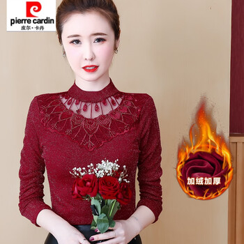 Pierre cardin velvet/thin bottoming shirt women's long sleeve autumn and winter new t-shirt women's warm lace top mesh small shirt burgundy velvet plus thick m recommended within 100 jin