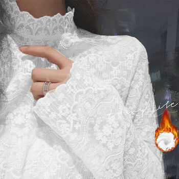 Kahtop 2025 spring and autumn new style lace bottoming shirt for women, long-sleeved mesh top, sexy thin inner top, dle white-velvet m (100-110 pounds)