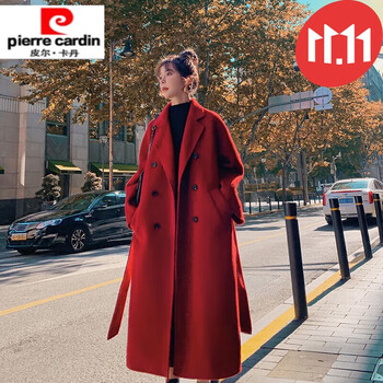 Pierre cardin woolen coat women's autumn and winter new woolen coat mid-length loose thickened knee-length woolen coat red red_burgundy m_90-120 catties