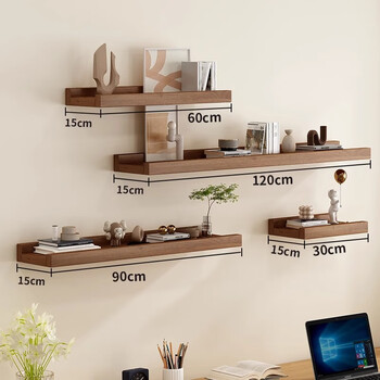 Ruoshi solid wood wall rack wall-mounted laminate background wall decoration bracket one-word partition bookshelf shelf solid wood-walnut color 15 four-piece combination