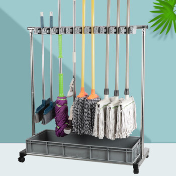 Huili custom-made stainless steel removable mop broom mop mop rack floor-standing factory school cleaning tool storage 3-hanging 4-hook stainless steel plate moving wheel