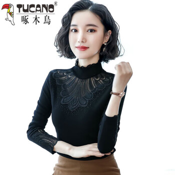 Woodpecker winter bottoming shirt for women lace bottoming shirt for women 2025 autumn and winter new style half turtleneck large size mesh top