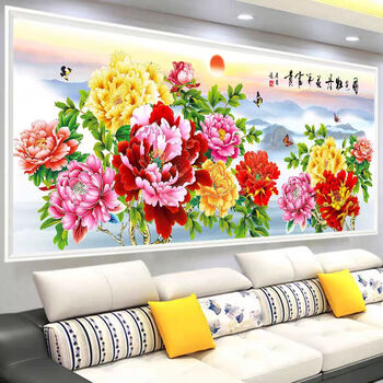 Kecss flower blooming rich peony cross stitch 2025 new line embroidery living room self-embroidery handmade atmosphere full embroidery large cotton thread 150*60cm medium grid 3 strands