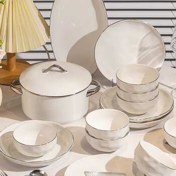 Shengxi bowls, plates and tableware, pure white tableware, a complete set of light luxury and high-end household bowl sets, underglaze colored dishes and dishes, housewarming celebration, white 10-person with soup pot, gift box, 42-piece set