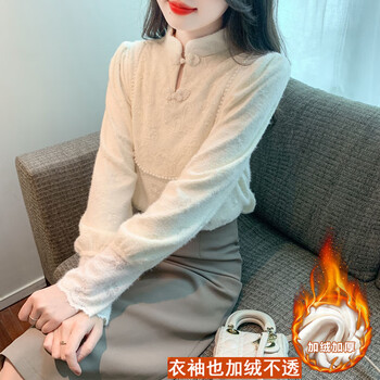 Ye zifeng (yezifeng) velvet thickened bottoming shirt for women 2024 autumn and winter new chinese style plate button half high collar lace long-sleeved shirt apricot velvet xl