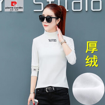 Pierre cardin pure cotton plus velvet thickening bottoming shirt women's long-sleeved new trendy t half turtleneck embroidered t-shirt autumn and winter warm top half turtleneck thick velvet white embroidery s selection within 95 pounds