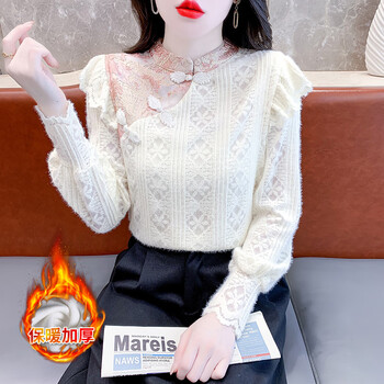 Ye zifeng (yezifeng) velvet and thickened bottoming shirt for women 2025 winter new national style new chinese style shirt chic splicing lace inner top off-white (velvet and thickened) l