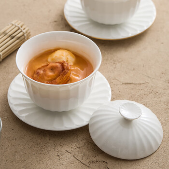 Chidu soup cup, stew pot, water-proof stew pot, high-end hotel tableware, chinese steamed egg cup, ceramic bowl, bird's nest bowl for one person, qanong soup cup with saucer-white tire