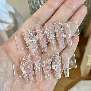 Wearable nail medium long style cute bing xindie wearable nail manicure pink long style removable direct patch finished product m