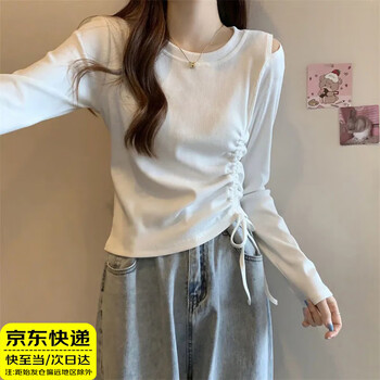 Tiaodegao drawstring long-sleeved t-shirt for women in spring and autumn new style round neck right shoulder all-match top slim short inner bottoming shirt for women white 2xl (recommended 115-130 pounds)