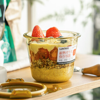 Luntayo japanese overnight oatmeal cup breakfast cup microwaveable food grade high borosilicate glass yogurt fruit salad bowl amber enhanced 700ml