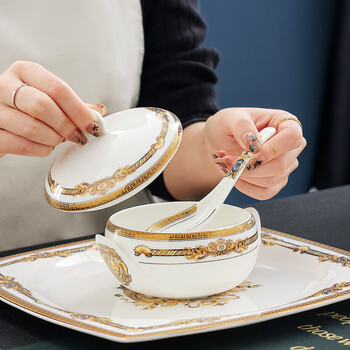 Ruijiu (ruijiu) creative gold-rimmed bone china stew pot, european style bird's nest bowl with lid, anti-scalding, club hotel soup cup, microwaveable, babylonian feast bone china ingot stew pot (with spoon)