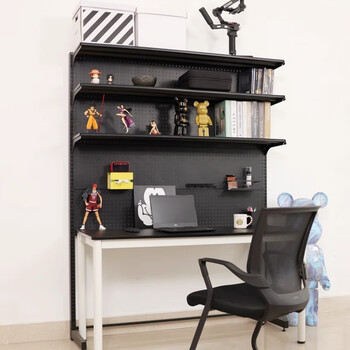 New floor-standing black perforated board bookshelf, simple installation for bedroom storage, no punching, simple display stand 147*35*190 black/6 layers and 8 back panels