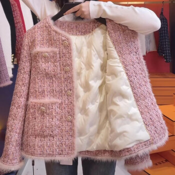 Kledboy sheep sheep women's clothing factory store jacket pink small fragrance style velvet liner tweed design spring and autumn little man pink lining plus velvet s