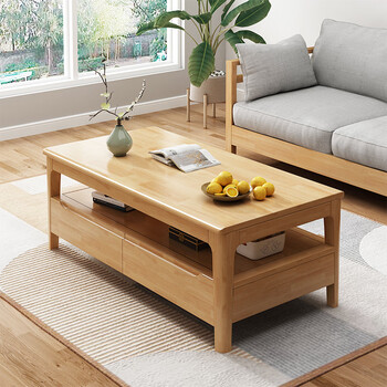 Solid wood coffee table living room household size simple modern european tea cabinet slate double layer tea table with drawers new four-drawn wood color 120x60x45cm self-installation